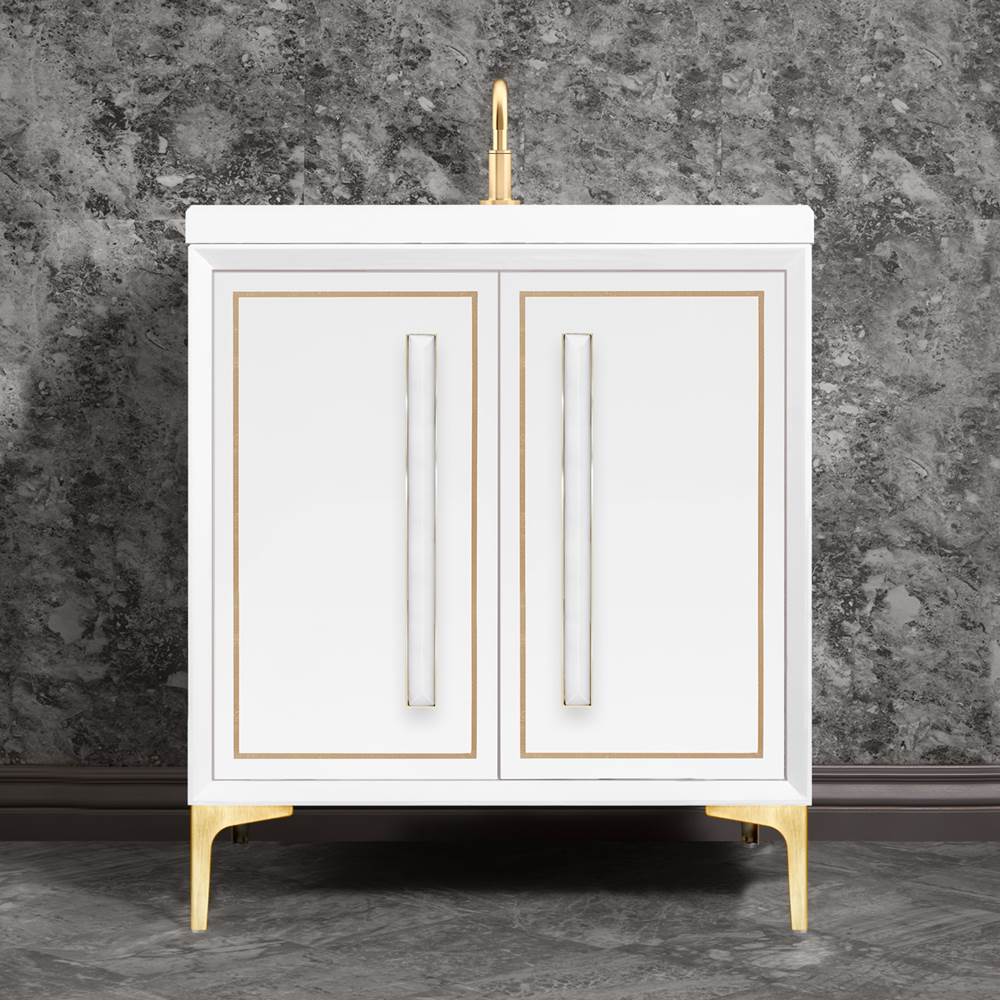 Linkasink - LINEA with 18'' Artisan Glass Prism Hardware 30'' Wide Vanity, White, Satin Brass Hardware, 30'' x 22'' x 33.5'' (without vanity top) - Satin Brass with White Prism Glass