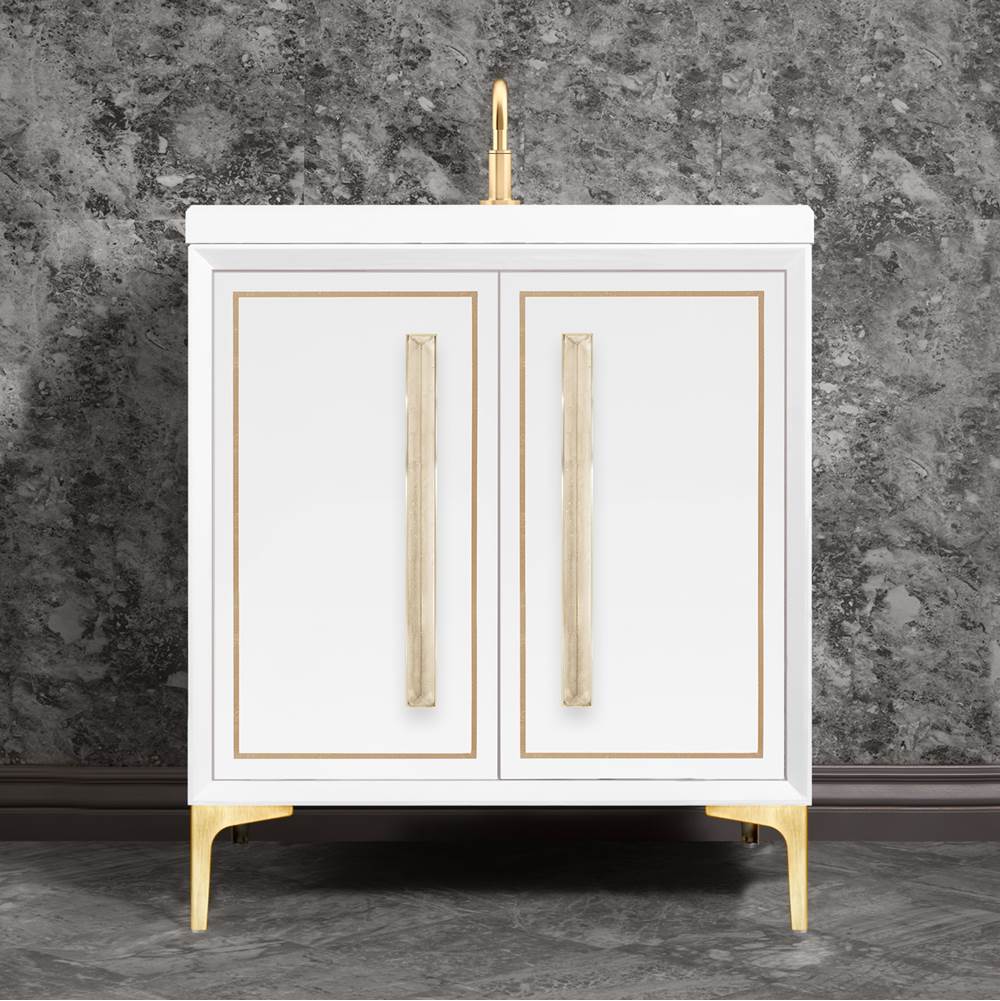 Linkasink - LINEA with 18'' Artisan Glass Prism Hardware 30'' Wide Vanity, White, Satin Brass Hardware, 30'' x 22'' x 33.5'' (without vanity top) - Satin Brass with Eglomise Prism Glass