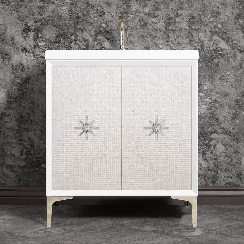 Linkasink - Mother of Pearl with 3'' Polished Nickel Star Hardware, 30'' Wide Vanity, White, 30'' x 22'' x 33.5'' (without vanity top) - Polished Nickel