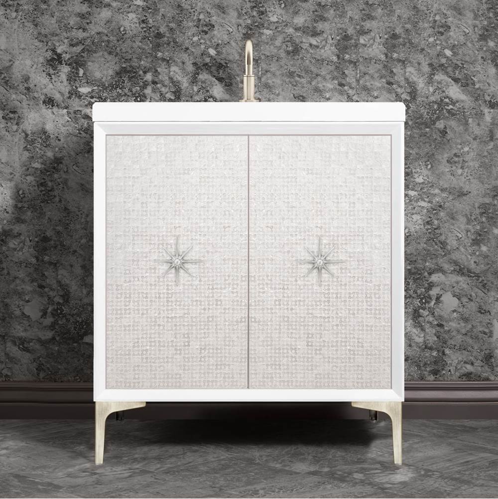 Linkasink - Mother of Pearl with 3'' Satin Nickel Star Hardware, 30'' Wide Vanity, White, 30'' x 22'' x 33.5'' (without vanity top) - Satin Nickel