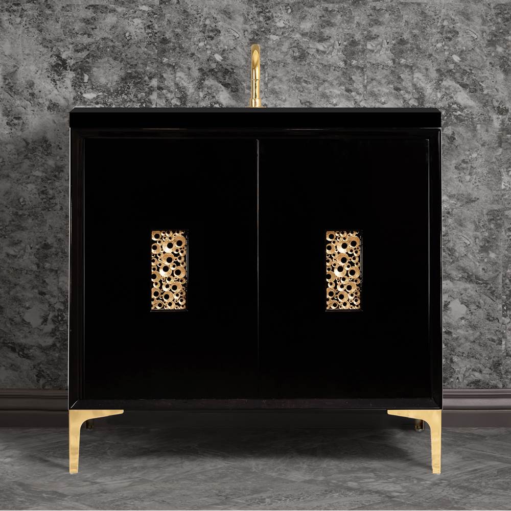 Linkasink - Frame 36'' Wide Black Vanity with Satin Black Coral Grate and Legs, 36'' x 22'' x 33.5'' (without vanity top) - Black with Polished Brass Hardware