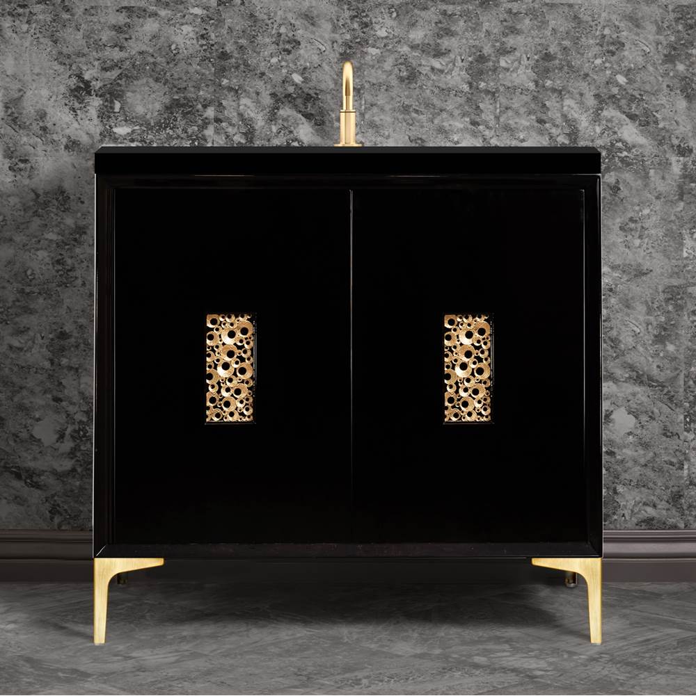 Linkasink - Frame 36'' Wide Black Vanity with Satin Brass Coral Grate and Legs, 36'' x 22'' x 33.5'' (without vanity top) - Black with Satin Brass Hardware