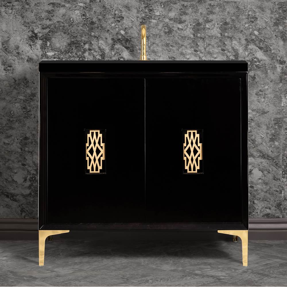 Linkasink - Frame 36'' Wide Black Vanity with Polished Brass Deco Grate and Legs, 36'' x 22'' x 33.5'' (without vanity top) - Black with Polished Brass Hardware