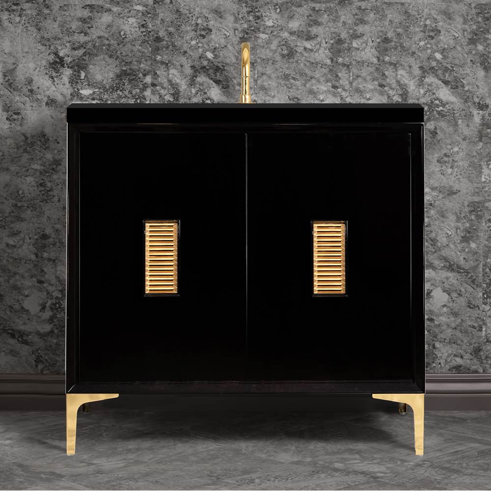 Linkasink - Frame 36'' Wide Black Vanity with Polished Brass Louver Grate and Legs, 36'' x 22'' x 33.5'' (without vanity top) - Black with Polished Brass Hardware