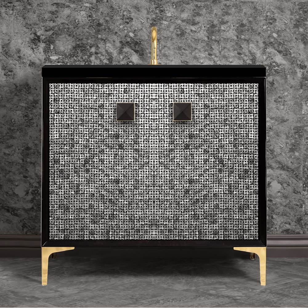 Linkasink - MOTHER OF PEARL with 3'' Artisan Glass Prism Hardware 36'' Wide Vanity, Black, Polished Brass Hardware, 36'' x 22'' x 33.5'' (without vanity top) - Polished Brass with Black Prism Glass