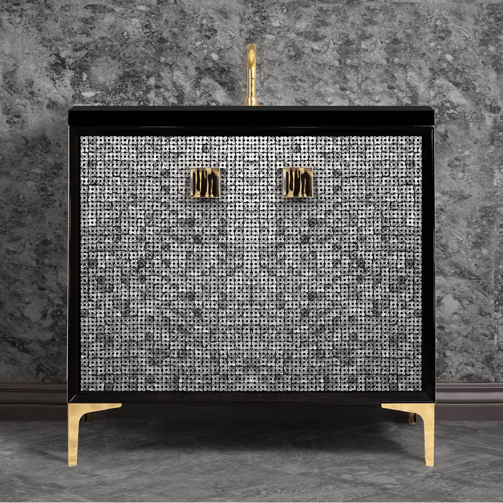 Linkasink - MOTHER OF PEARL with 3'' Artisan Glass Prism Hardware 36'' Wide Vanity, Black, Polished Brass Hardware, 36'' x 22'' x 33.5'' (without vanity top) - Polished Brass with Black Tiger Prism Glass