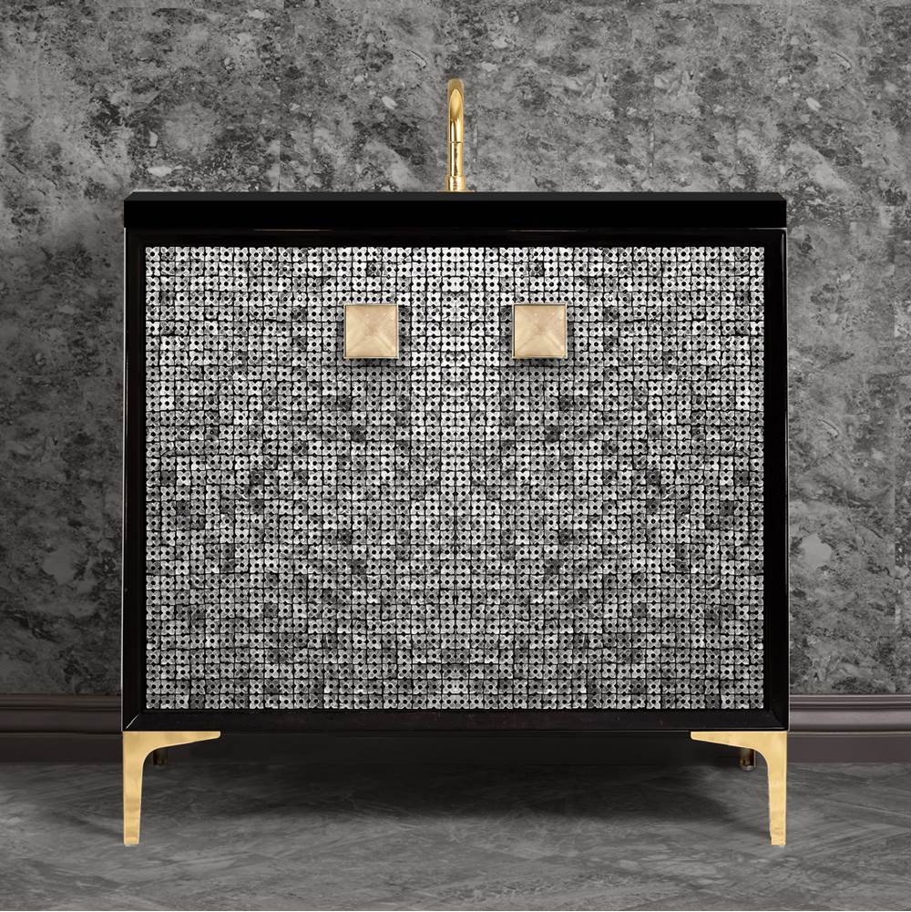 Linkasink - MOTHER OF PEARL with 3'' Artisan Glass Prism Hardware 36'' Wide Vanity, Black, Polished Brass Hardware, 36'' x 22'' x 33.5'' (without vanity top) - Polished Brass with Eglomise Prism Glass