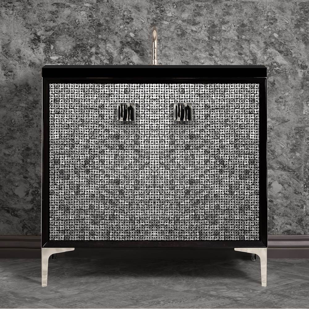 Linkasink - MOTHER OF PEARL with 3'' Artisan Glass Prism Hardware 36'' Wide Vanity, Black, Polished Nickel Hardware, 36'' x 22'' x 33.5'' (without vanity top) - Polished Nickel with Black Tiger Prism Glass