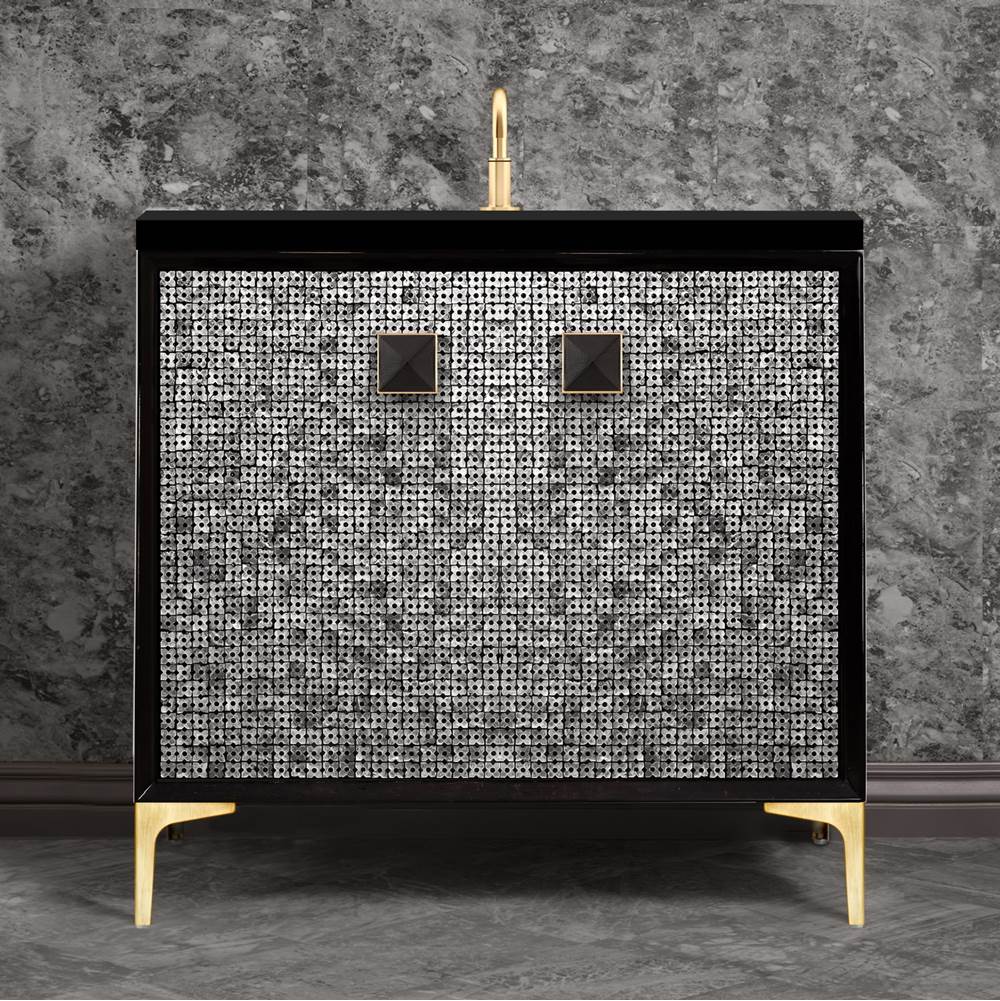 Linkasink - MOTHER OF PEARL with 3'' Artisan Glass Prism Hardware 36'' Wide Vanity, Black, Satin Brass Hardware, 36'' x 22'' x 33.5'' (without vanity top) - Satin Brass with Black Prism Glass