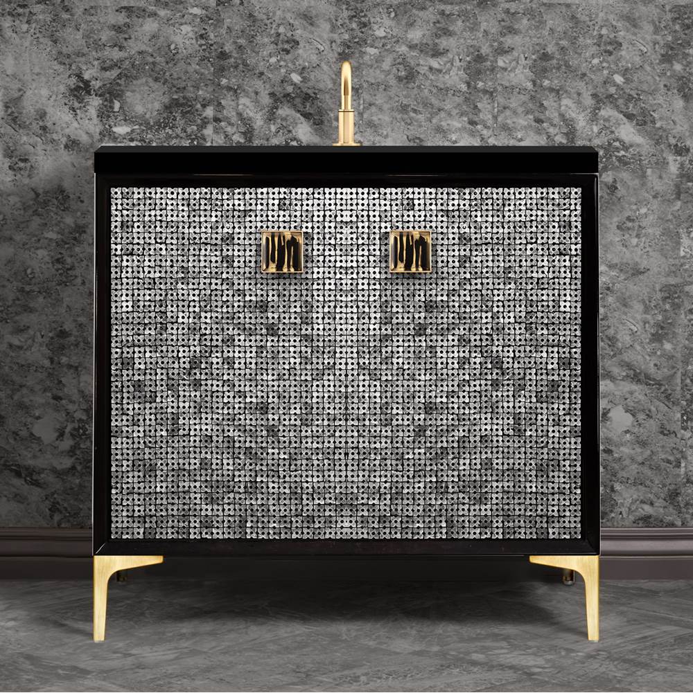 Linkasink - Mother of Pearl with 3'' Black Tiger Artisan Glass Prism, 36'' Wide Vanity, Black, Satin Brass Hardware with White Glass, 36'' x 22'' x 33.5'' (without vanity top) - Satin Brass with Black Tiger Prism Glass