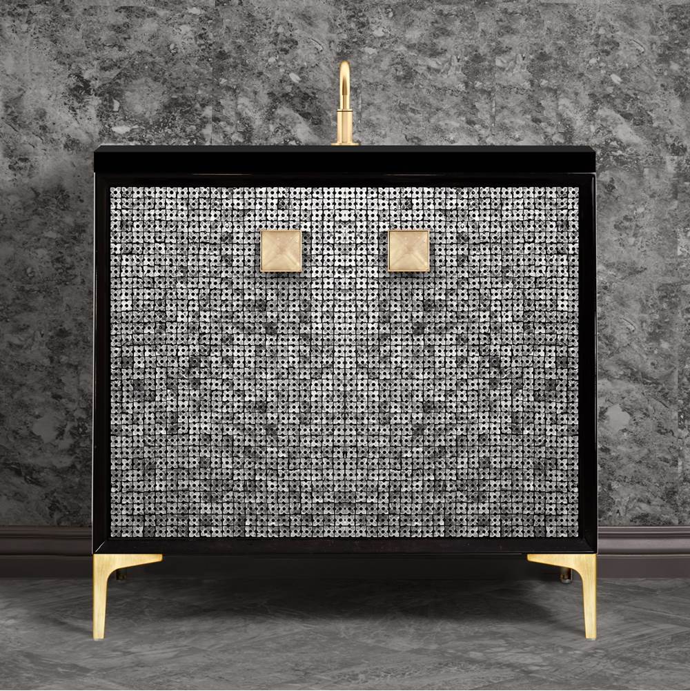 Linkasink - MOTHER OF PEARL with 3'' Artisan Glass Prism Hardware 36'' Wide Vanity, Black, Satin Brass Hardware, 36'' x 22'' x 33.5'' (without vanity top) - Satin Brass with Eglomise Prism Glass