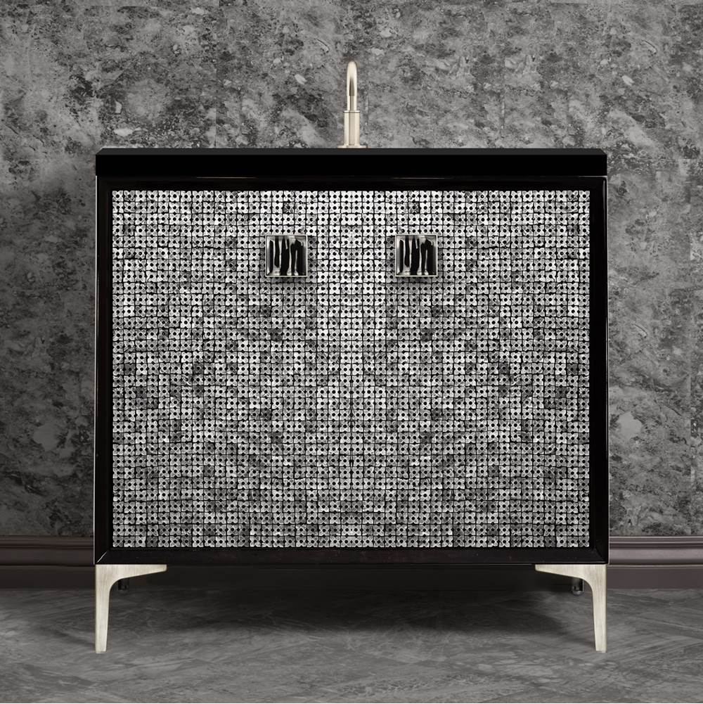 Linkasink - MOTHER OF PEARL with 3'' Artisan Glass Prism Hardware 36'' Wide Vanity, Black, Satin Nickel Hardware, 36'' x 22'' x 33.5'' (without vanity top) - Satin Nickel with Black Tiger Prism Glass