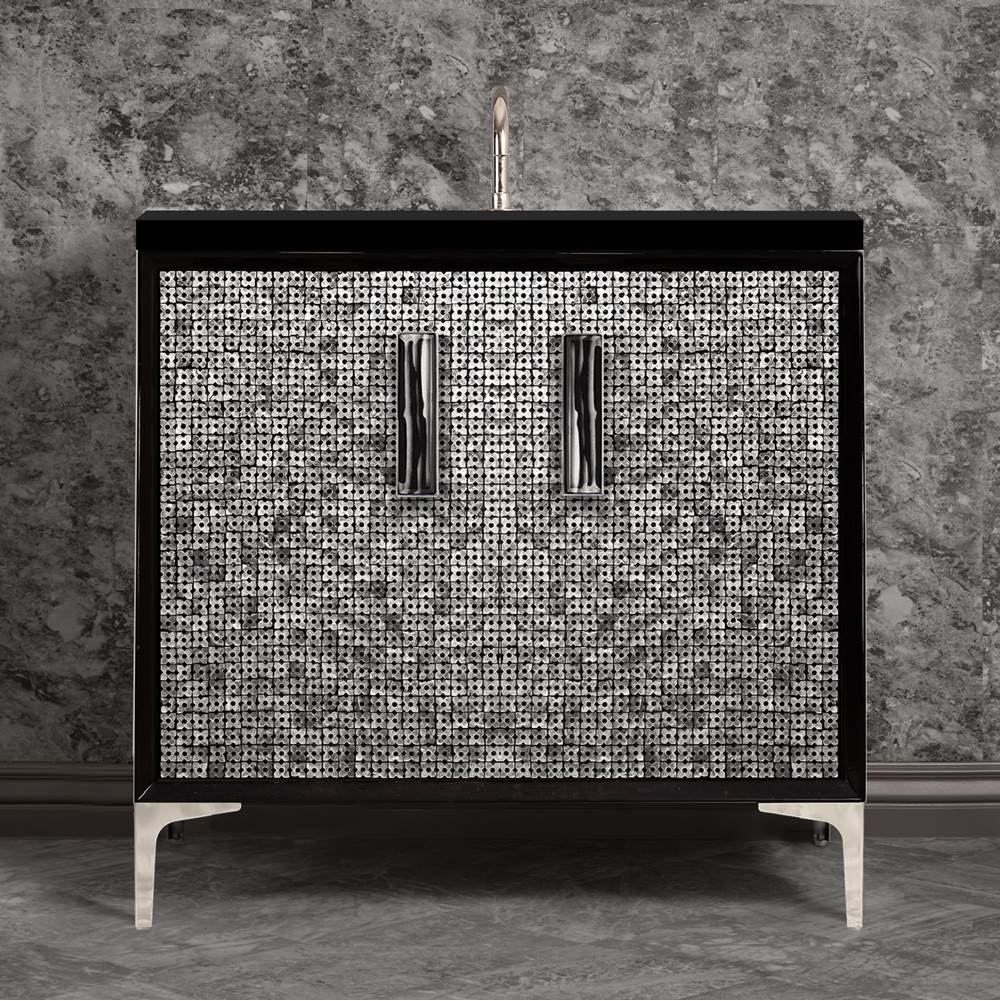 Linkasink - MOTHER OF PEARL with 8'' Artisan Glass Prism Hardware 36'' Wide Vanity, Black, Polished Nickel Hardware, 36'' x 22'' x 33.5'' (without vanity top) - Polished Nickel with Black Tiger Prism Glass