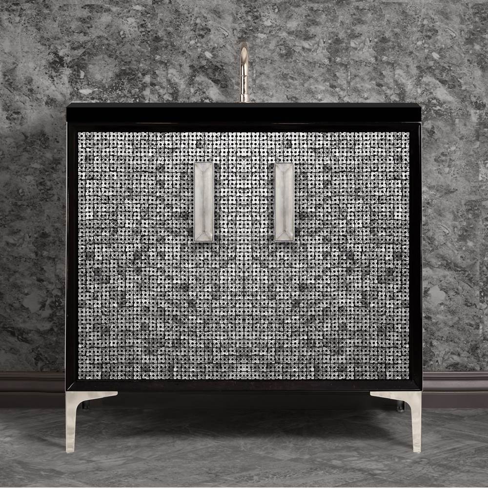 Linkasink - MOTHER OF PEARL with 8'' Artisan Glass Prism Hardware 36'' Wide Vanity, Black, Polished Nickel Hardware, 36'' x 22'' x 33.5'' (without vanity top) - Polished Nickel with Églomisé Prism Glass