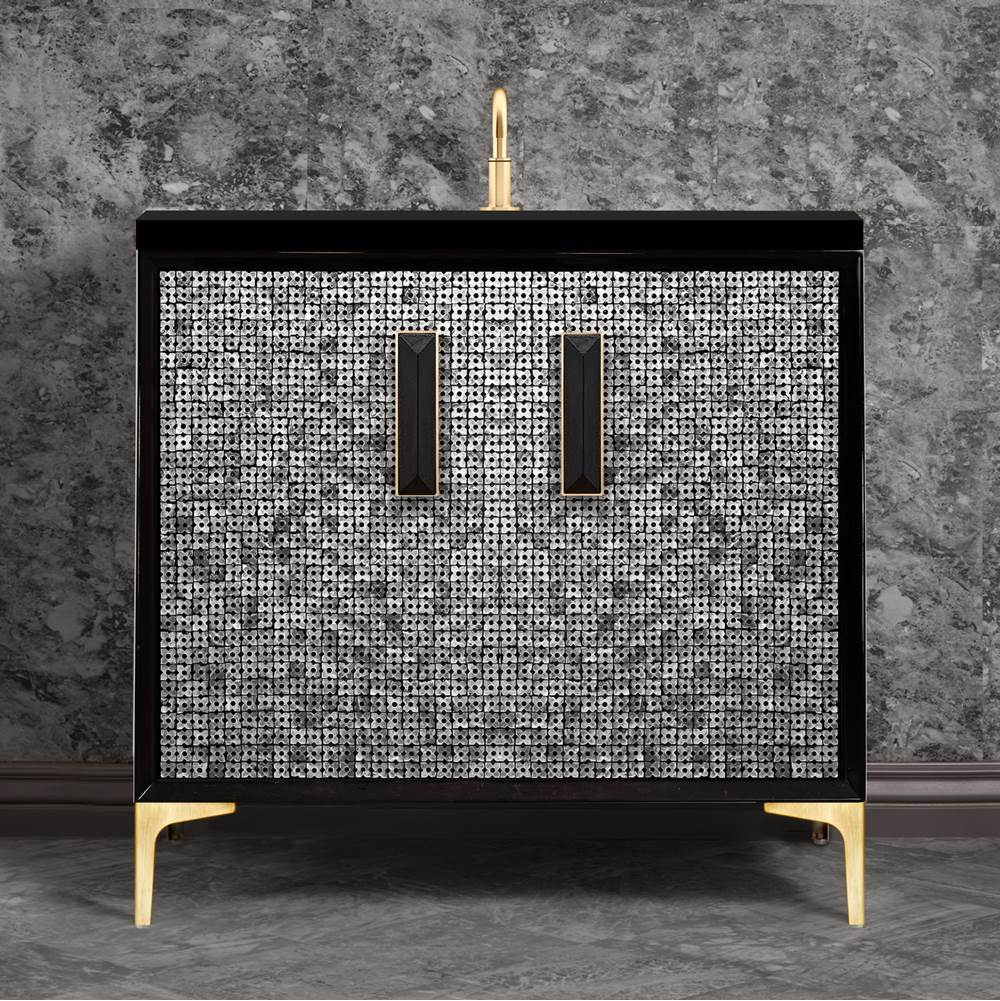 Linkasink - MOTHER OF PEARL with 8'' Artisan Glass Prism Hardware 36'' Wide Vanity, Black, Satin Brass Hardware, 36'' x 22'' x 33.5'' (without vanity top) - Satin Brass with Black Prism Glass