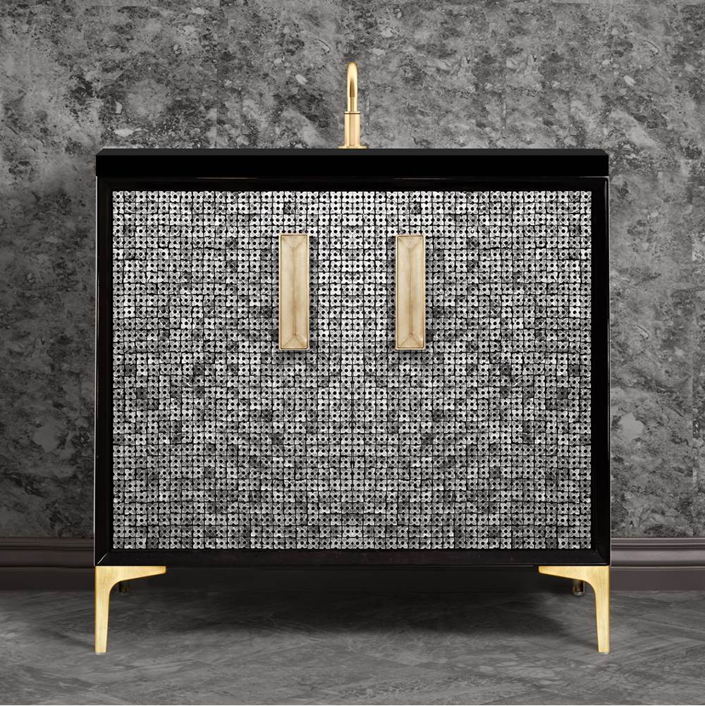 Linkasink - MOTHER OF PEARL with 8'' Artisan Glass Prism Hardware 36'' Wide Vanity, Black, Satin Brass Hardware, 36'' x 22'' x 33.5'' (without vanity top) - Satin Brass with Eglomise Prism Glass