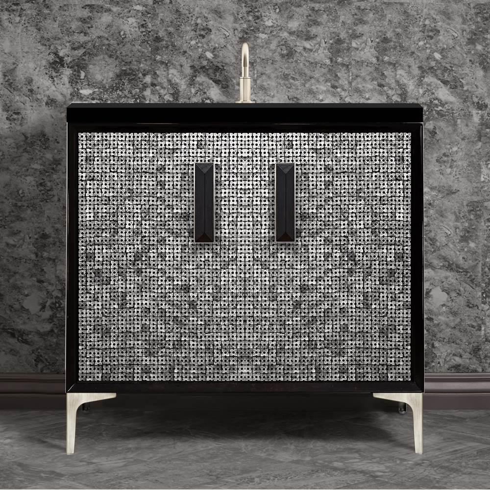 Linkasink - MOTHER OF PEARL with 8'' Artisan Glass Prism Hardware 36'' Wide Vanity, Black, Satin Nickel Hardware, 36'' x 22'' x 33.5'' (without vanity top) - Satin Nickel with Black Prism Glass