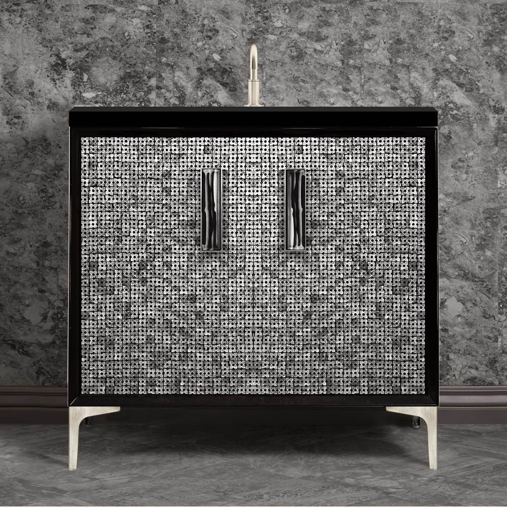 Linkasink - MOTHER OF PEARL with 8'' Artisan Glass Prism Hardware 36'' Wide Vanity, Black, Satin Nickel Hardware, 36'' x 22'' x 33.5'' (without vanity top) - Satin Nickel with Black Tiger Prism Glass