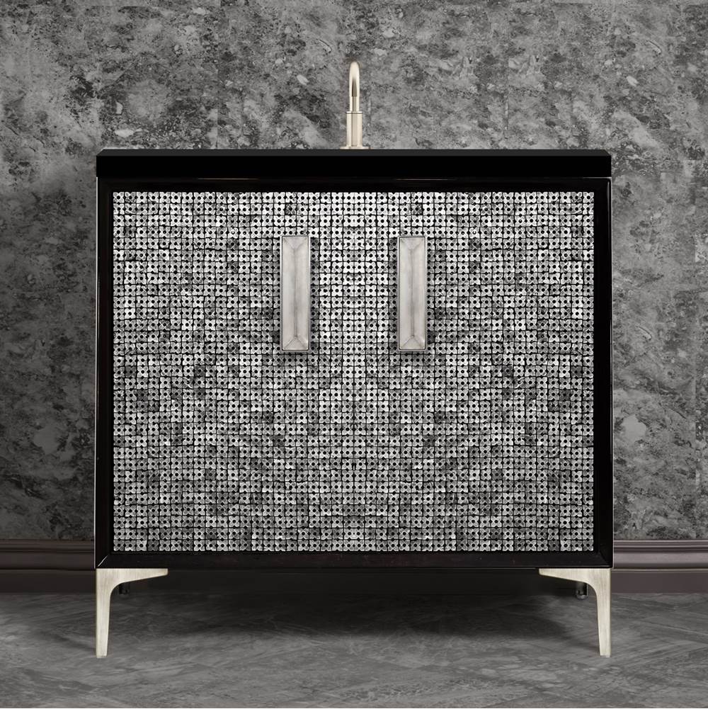 Linkasink - MOTHER OF PEARL with 8'' Artisan Glass Prism Hardware 36'' Wide Vanity, Black, Satin Nickel Hardware, 36'' x 22'' x 33.5'' (without vanity top) - Satin Nickel with Églomisé Prism Glass