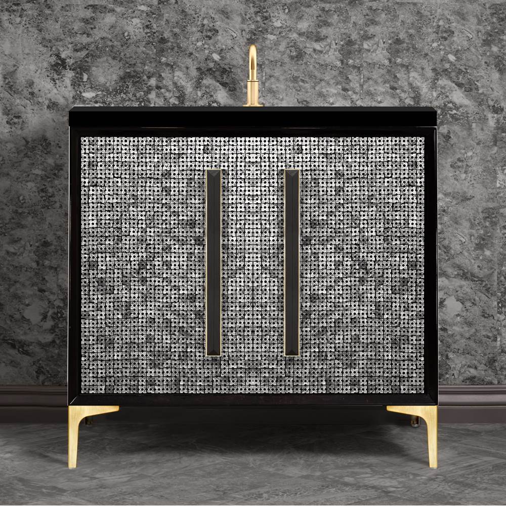 Linkasink - MOTHER OF PEARL with 18'' Artisan Glass Prism Hardware 36'' Wide Vanity, Black, Satin Brass Hardware, 36'' x 22'' x 33.5'' (without vanity top) - Satin Brass with Black Prism Glass