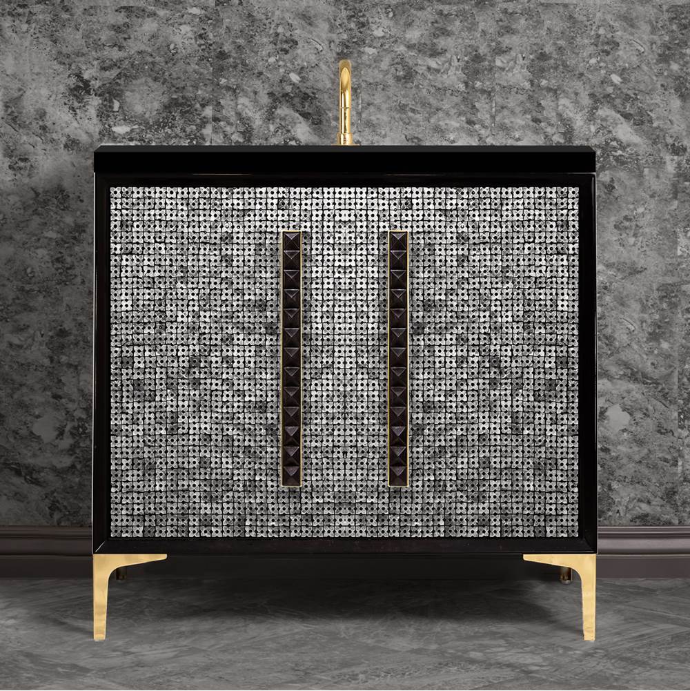 Linkasink - MOTHER OF PEARL with 18'' Artisan Glass Pyramid Hardware 36'' Wide Vanity, Black, Polished Brass Hardware, 36'' x 22'' x 33.5'' (without vanity top) - Polished Brass with Black Pyramid Glass