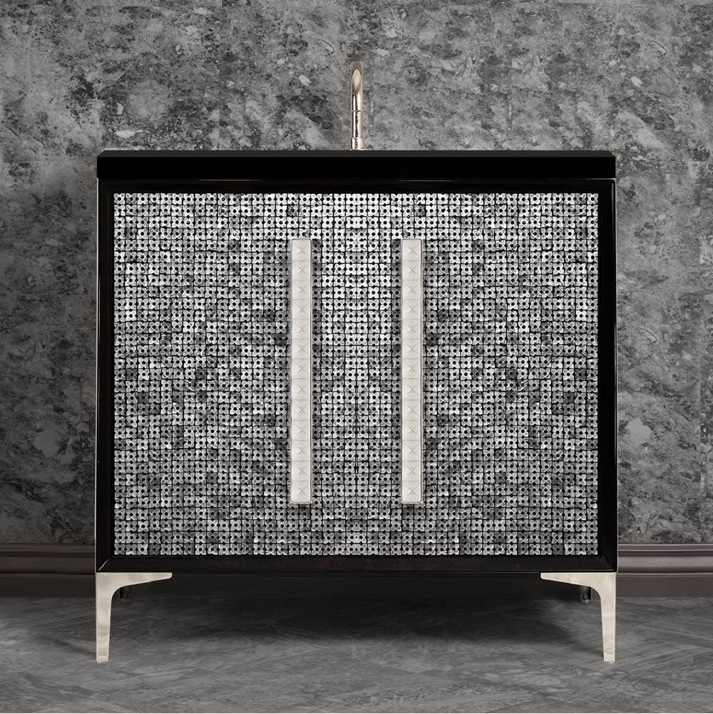 Linkasink - MOTHER OF PEARL with 18'' Artisan Glass Pyramid Hardware 36'' Wide Vanity, Black, Polished Nickel Hardware, 36'' x 22'' x 33.5'' (without vanity top) - Polished Nickel with Églomisé Pyramid Glass