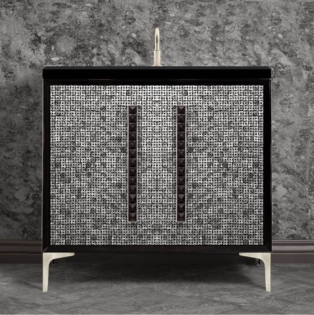 Linkasink - MOTHER OF PEARL with 18'' Artisan Glass Pyramid Hardware 36'' Wide Vanity, Black, Satin Nickel Hardware, 36'' x 22'' x 33.5'' (without vanity top) - Satin Nickel with Black Pyramid Glass