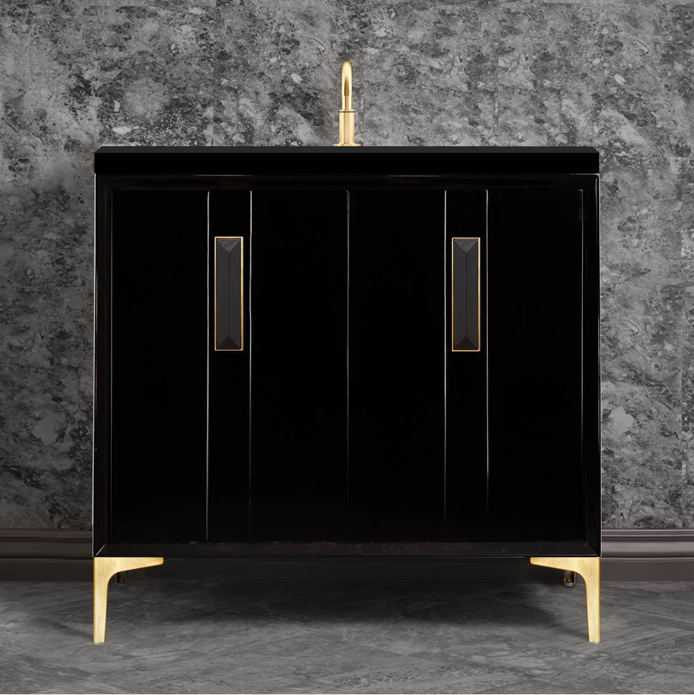 Linkasink - TUXEDO with 8'' Artisan Glass Prism Hardware 36'' Wide Vanity, Black, Satin Brass Hardware, 36'' x 22'' x 33.5'' (without vanity top) - Satin Brass with Black Prism Glass