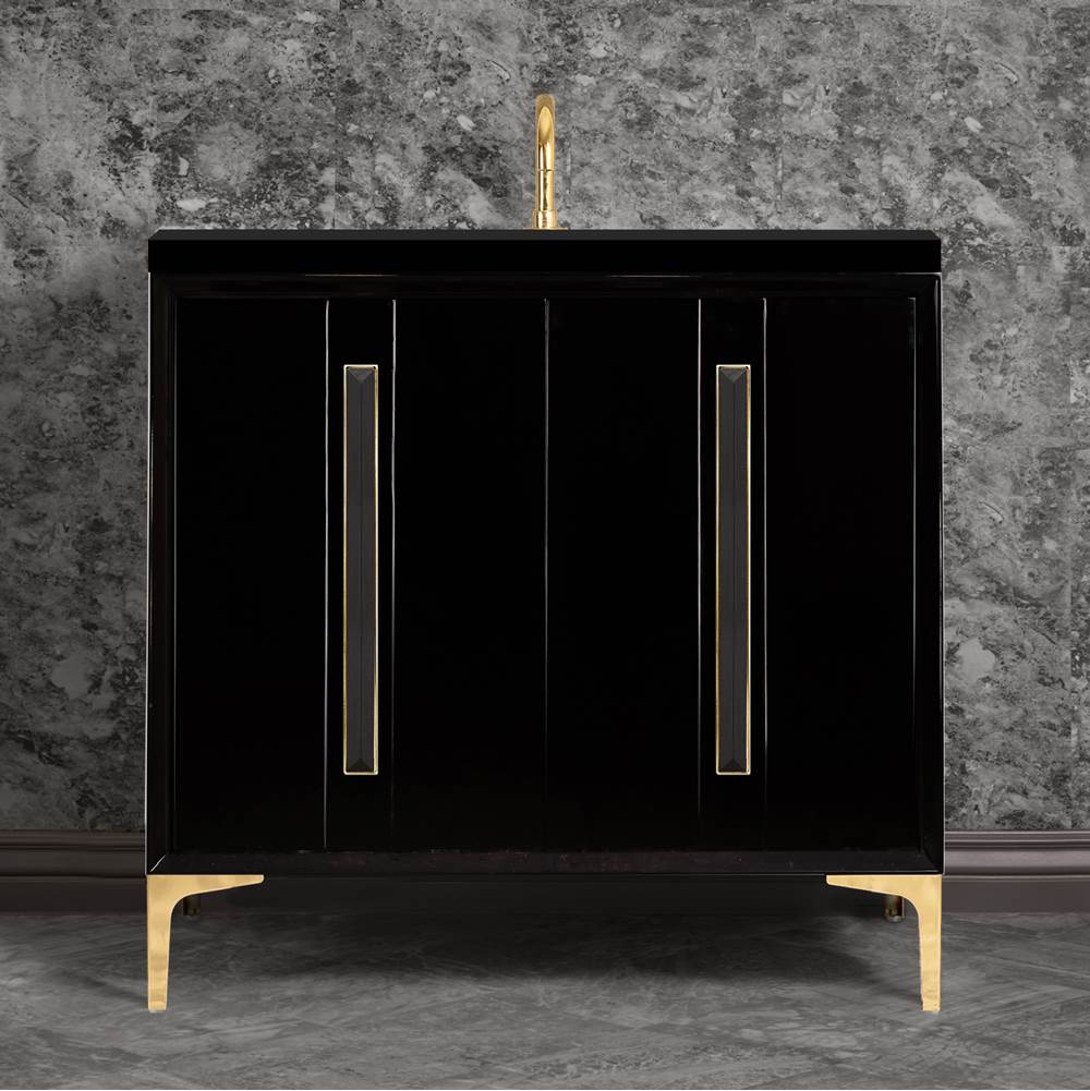 Linkasink - TUXEDO with 18'' Artisan Glass Prism Hardware 36'' Wide Vanity, Black, Polished Brass Hardware, 36'' x 22'' x 33.5'' (without vanity top) - Polished Brass with Black Prism Glass