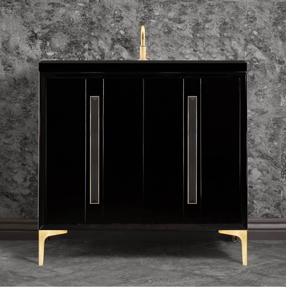 Linkasink - TUXEDO with 18'' Artisan Glass Prism Hardware 36'' Wide Vanity, Black, Satin Brass Hardware, 36'' x 22'' x 33.5'' (without vanity top) - Satin Brass with Black Prism Glass