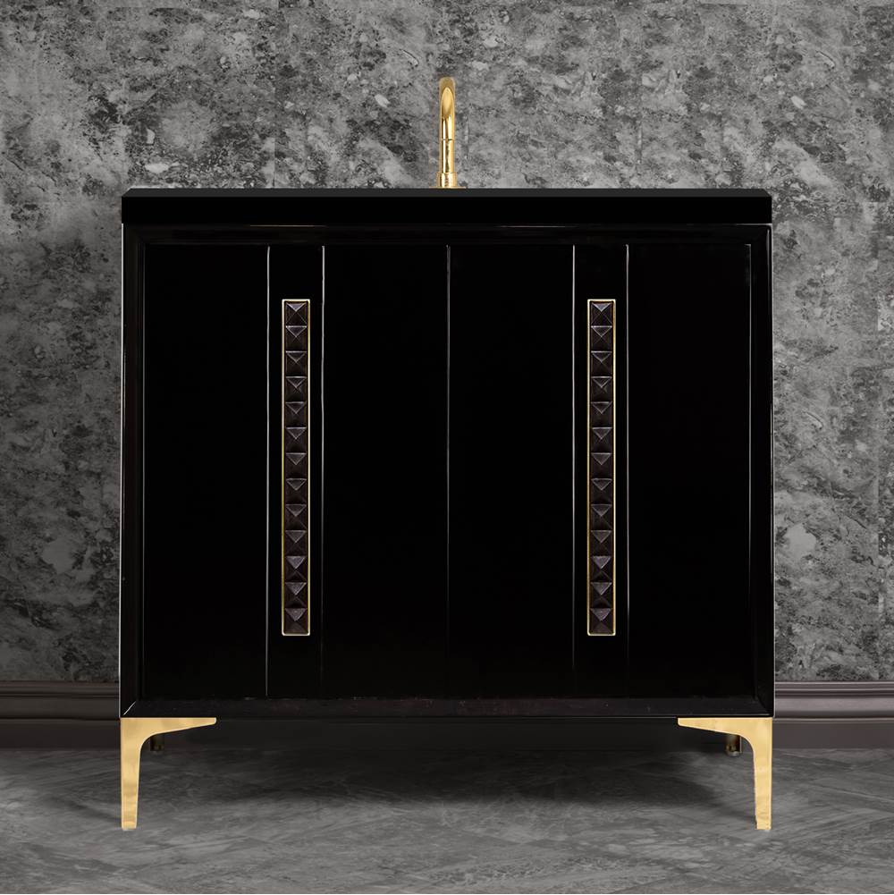 Linkasink - TUXEDO with 18'' Artisan Glass Pyramid Hardware 36'' Wide Vanity, Black, Polished Brass Hardware, 36'' x 22'' x 33.5'' (without vanity top) - Polished Brass with Black Pyramid Glass