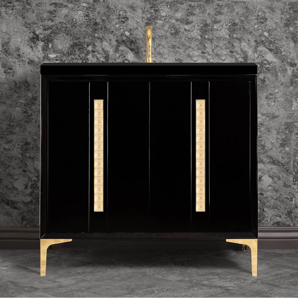 Linkasink - TUXEDO with 18'' Artisan Glass Pyramid Hardware 36'' Wide Vanity, Black, Polished Brass Hardware, 36'' x 22'' x 33.5'' (without vanity top) - Polished Brass with Églomisé Pyramid Glass