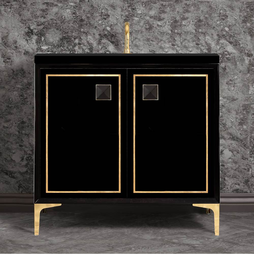 Linkasink - LINEA with 3'' Artisan Glass Prism Hardware 36'' Wide Vanity, Black, Polished Brass Hardware, 36'' x 22'' x 33.5'' (without vanity top) - Polished Brass with Black Prism Glass