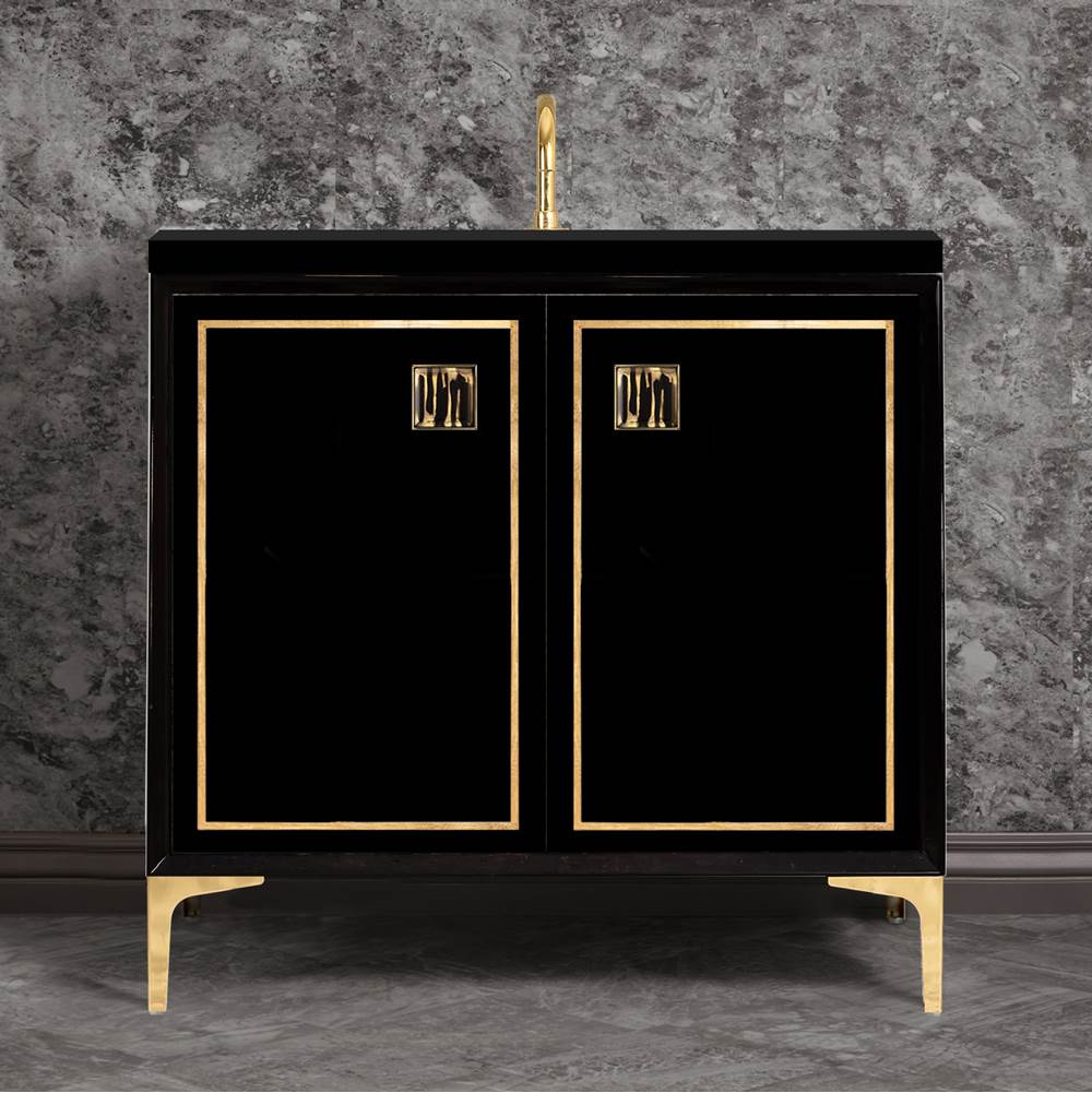 Linkasink - LINEA with 3'' Artisan Glass Prism Hardware 36'' Wide Vanity, Black, Polished Brass Hardware, 36'' x 22'' x 33.5'' (without vanity top) - Polished Brass with Black Tiger Prism Glass
