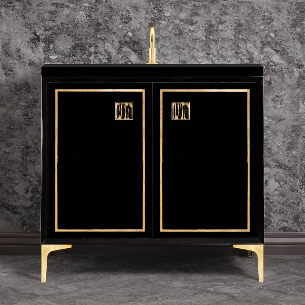 Linkasink - Linea with 3'' Black Tiger Artisan Glass Prism, 36'' Wide Vanity, Black, Satin Brass Hardware with White Glass, 36'' x 22'' x 33.5'' (without vanity top) - Satin Brass with Black Tiger Prism Glass