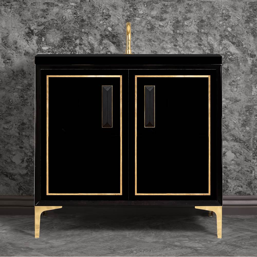 Linkasink - LINEA with 8'' Artisan Glass Prism Hardware 36'' Wide Vanity, Black, Polished Brass Hardware, 36'' x 22'' x 33.5'' (without vanity top) - Polished Brass with Black Prism Glass