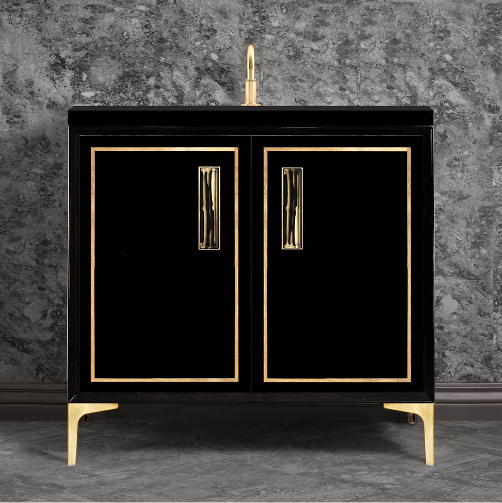 Linkasink - Linea with 8'' Black Tiger Artisan Glass Prism, 36'' Wide Vanity, Black, Satin Brass Hardware with White Glass, 36'' x 22'' x 33.5'' (without vanity top) - Satin Brass with Black Tiger Prism Glass