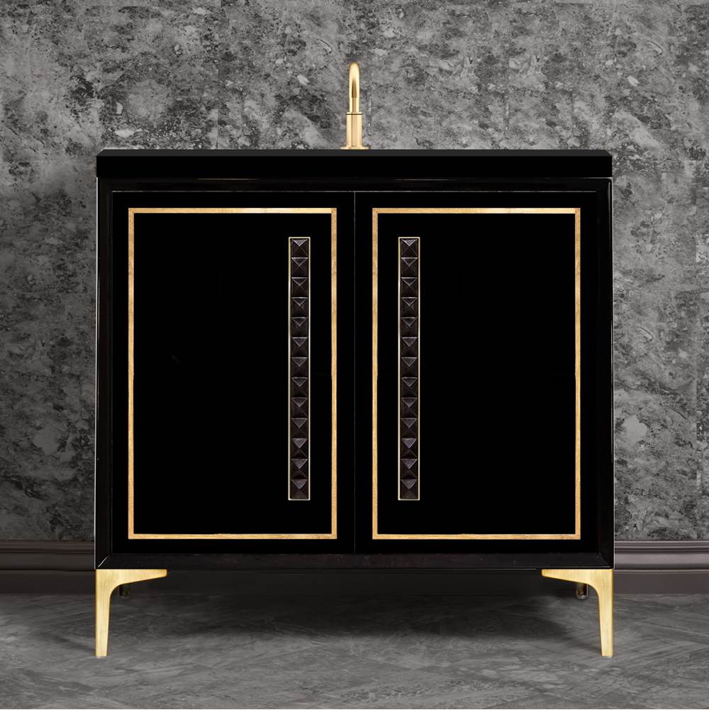 Linkasink - LINEA with 18'' Artisan Glass Pyramid Hardware 36'' Wide Vanity, Black, Satin Brass Hardware, 36'' x 22'' x 33.5'' (without vanity top) - Satin Brass with Black Pyramid Glass
