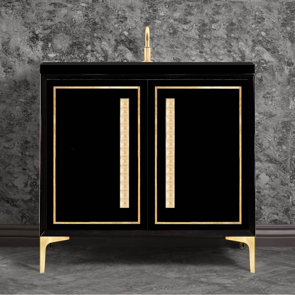 Linkasink - LINEA with 18'' Artisan Glass Pyramid Hardware 36'' Wide Vanity, Black, Satin Brass Hardware, 36'' x 22'' x 33.5'' (without vanity top) - Satin Brass with Églomisé Pyramid Glass