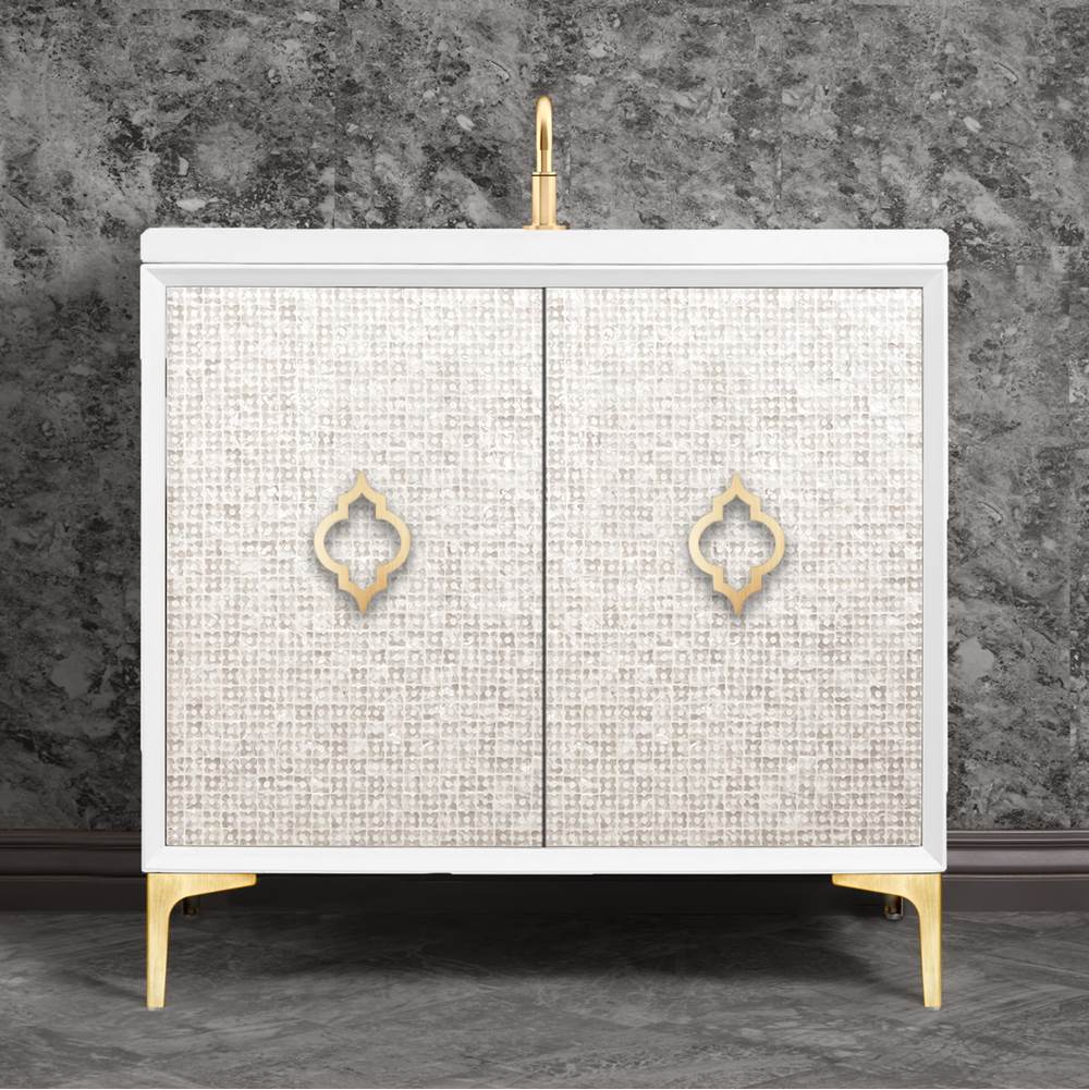 Linkasink - Mother of Pearl 36'' Wide White Vanity with Satin Brass Arabesque Pull and Hardware - White with Satin Brass Hardware