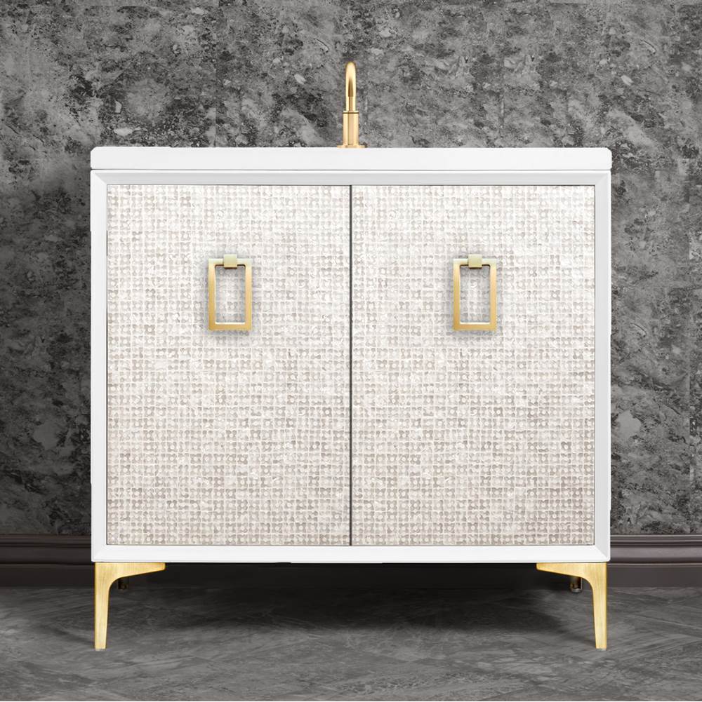 Linkasink - Mother of Pearl 36'' Wide White Vanity with Satin Brass Coach Pull and Hardware - White with Satin Brass Hardware