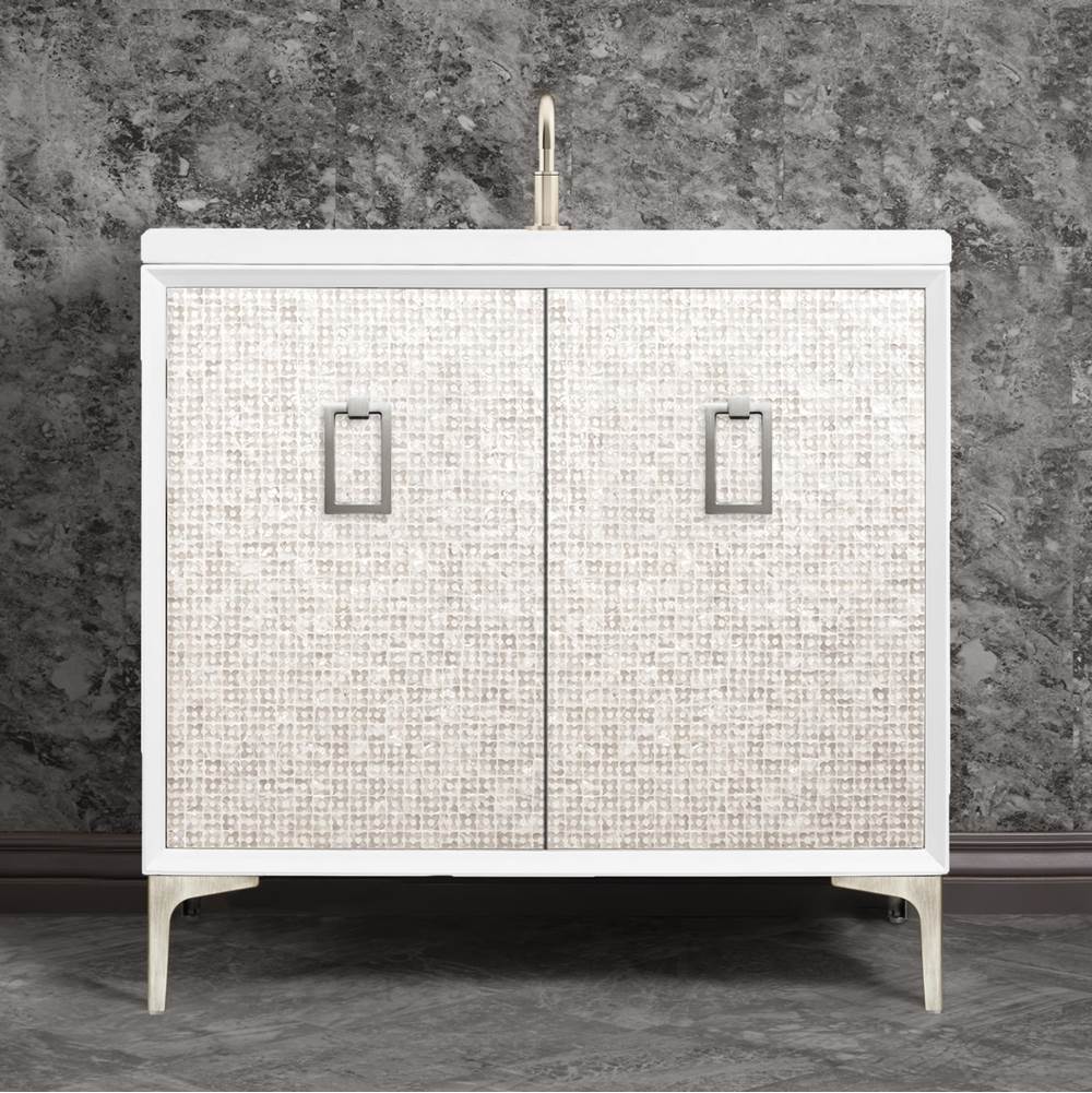 Linkasink - Mother of Pearl 36'' Wide White Vanity with Satin Nickel Coach Pull and Hardware - White with Satin Nickel Hardware