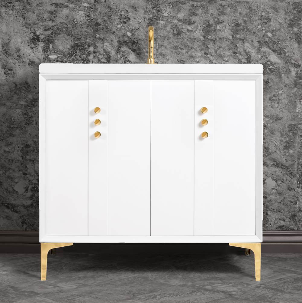 Linkasink - Tuxedo 36'' Wide White Vanity with Polished Brass Buttons and Hardware - White with Polished Brass Hardware