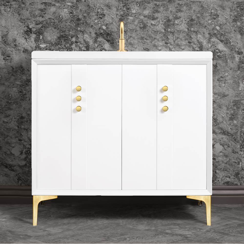 Linkasink - Tuxedo 36'' Wide White Vanity with Satin Brass Buttons and Hardware - White with Satin Brass Hardware