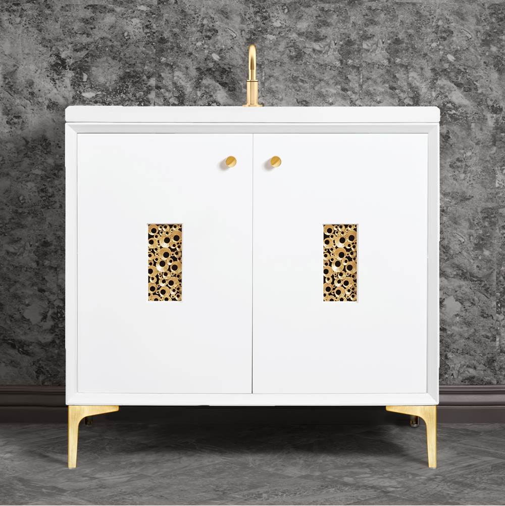 Linkasink - Frame 36'' Wide White Vanity with Satin Brass Coral Grate and Legs - White with Satin Brass Hardware