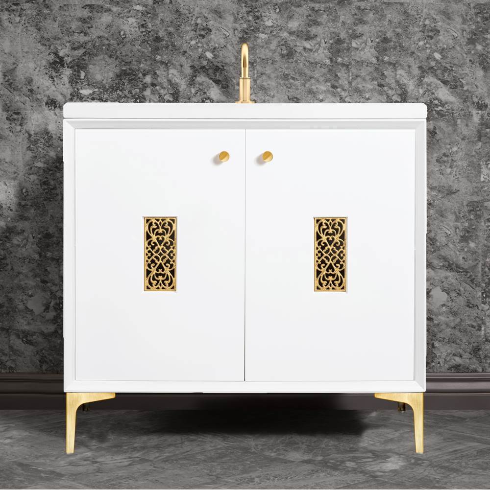 Linkasink - Frame 36'' Wide White Vanity with Satin Brass Filigree Grate and Legs - White with Satin Brass Hardware