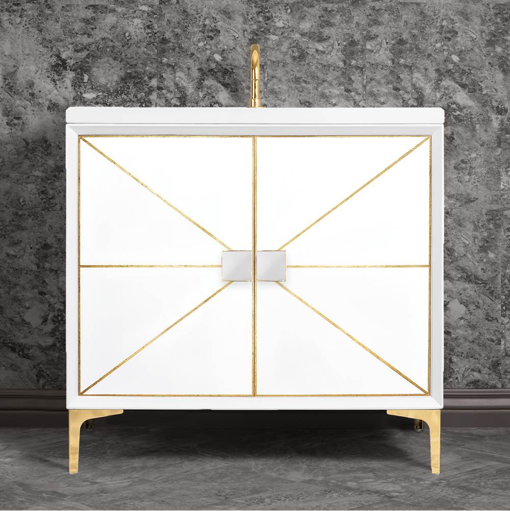 Linkasink - DIVERGENCE with Artisan Glass Hardware 36'' Wide Vanity, White, Polished Brass Hardware, 36'' x 22'' x 33.5'' (without vanity top) - Polished Brass with White Glass