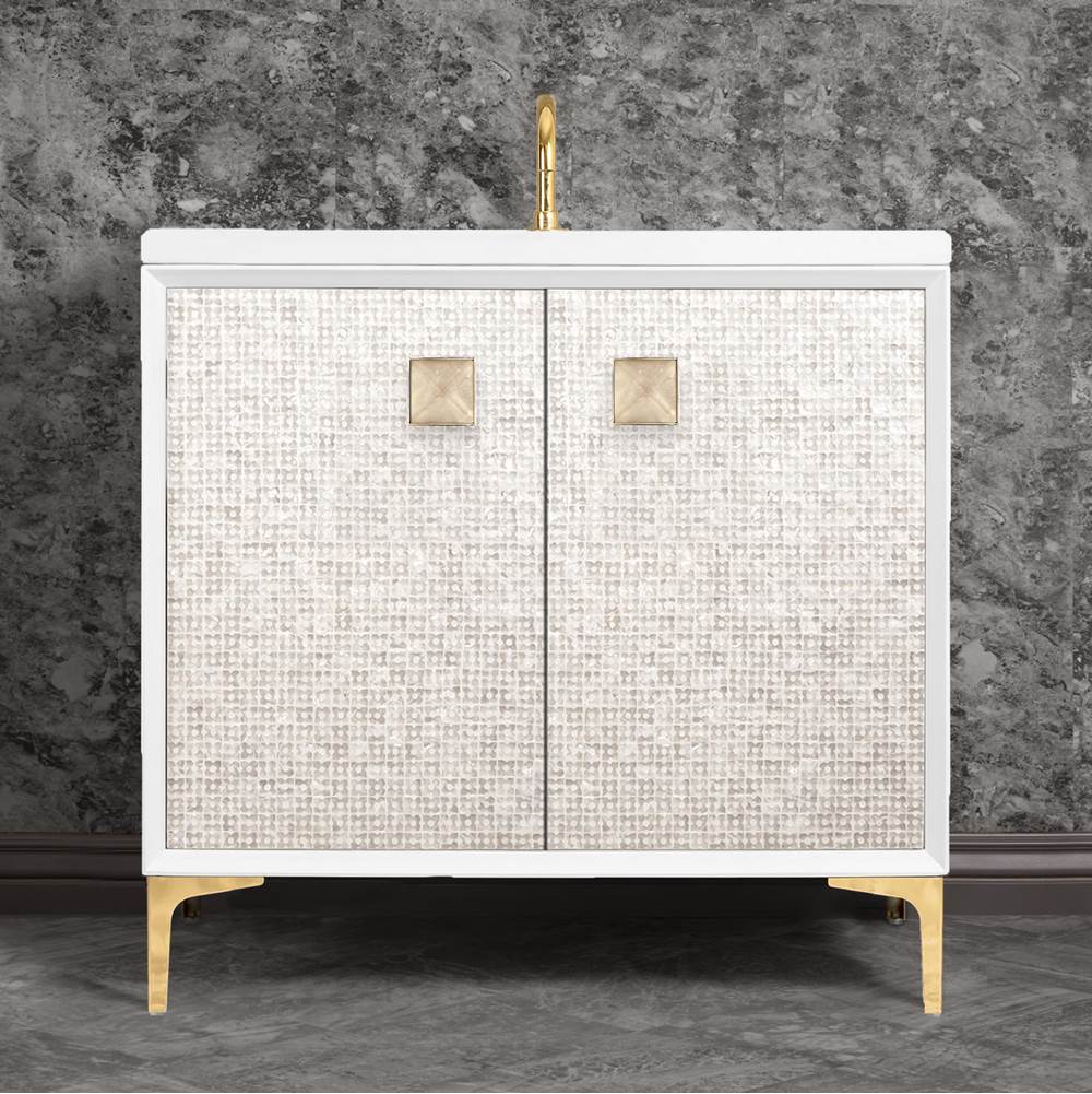 Linkasink - MOTHER OF PEARL with 3'' Artisan Glass Prism Hardware 36'' Wide Vanity, White, Polished Brass Hardware, 36'' x 22'' x 33.5'' (without vanity top) - Polished Brass with Eglomise Prism Glass