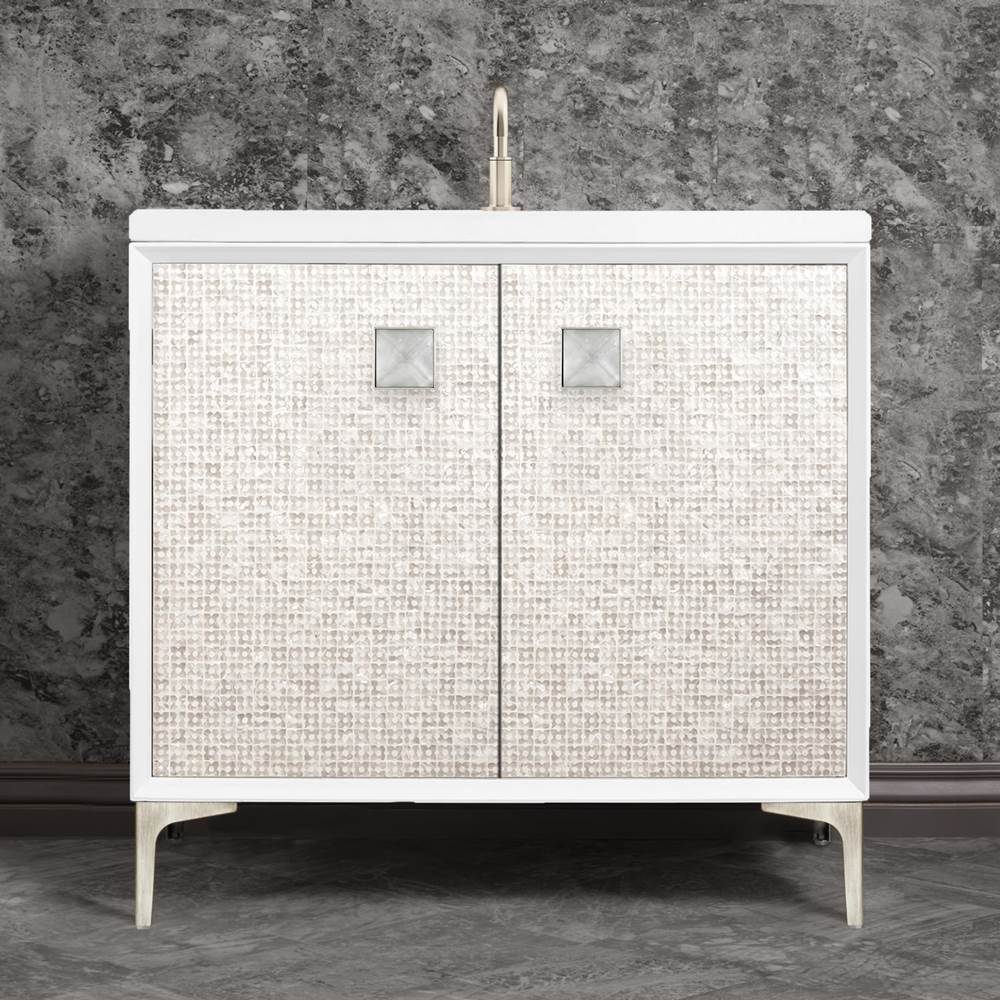 Linkasink - MOTHER OF PEARL with 3'' Artisan Glass Prism Hardware 36'' Wide Vanity, White, Satin Nickel Hardware, 36'' x 22'' x 33.5'' (without vanity top) - Satin Nickel with Églomisé Prism Glass