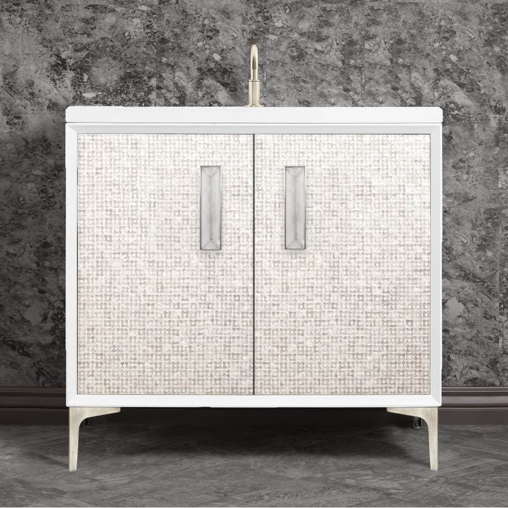 Linkasink - MOTHER OF PEARL with 8'' Artisan Glass Prism Hardware 36'' Wide Vanity, White, Satin Nickel Hardware, 36'' x 22'' x 33.5'' (without vanity top) - Satin Nickel with Églomisé Prism Glass